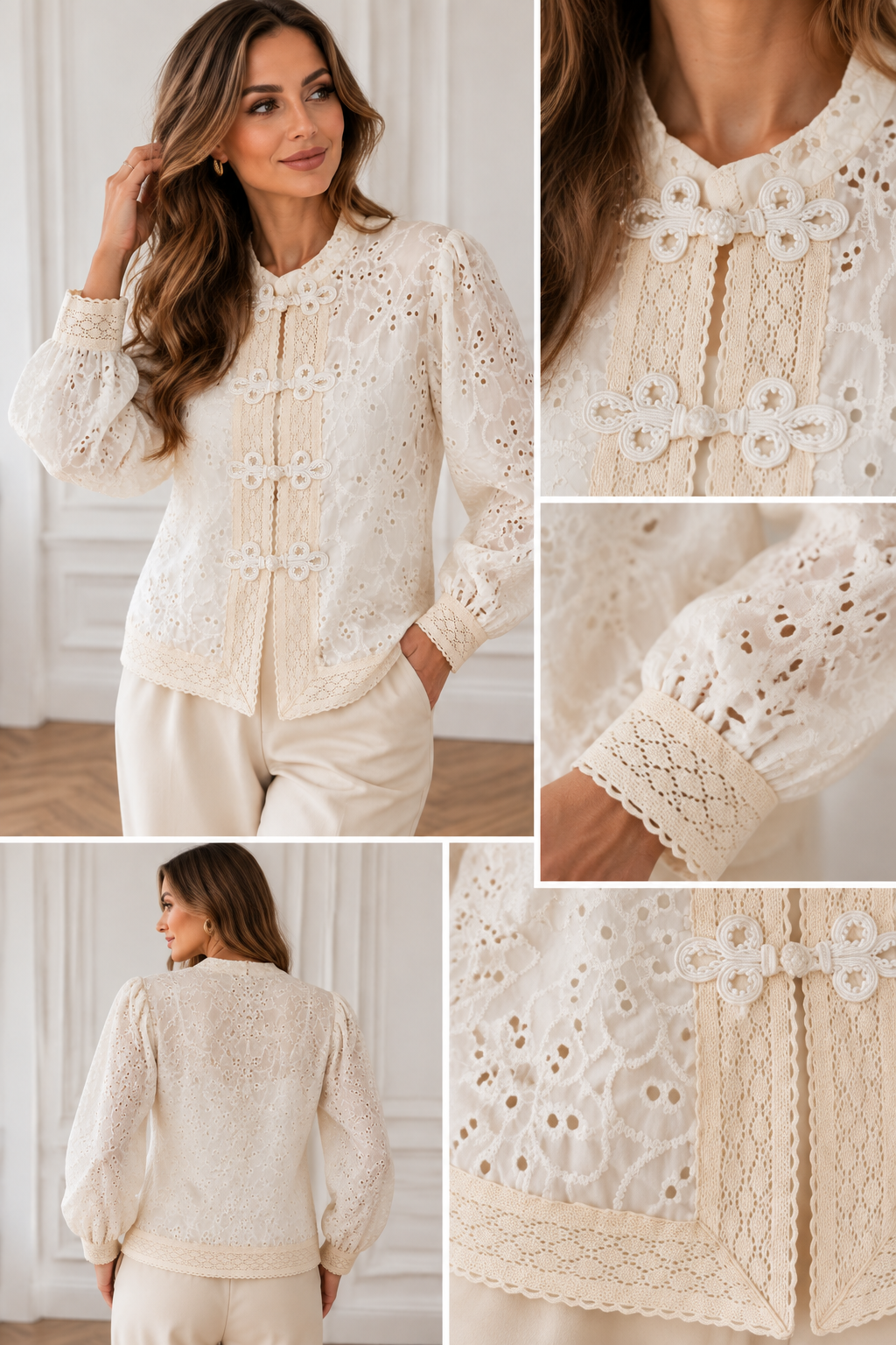 Ażurowa kremowa bluzka z tencel - PREMIUM - obrazek 2