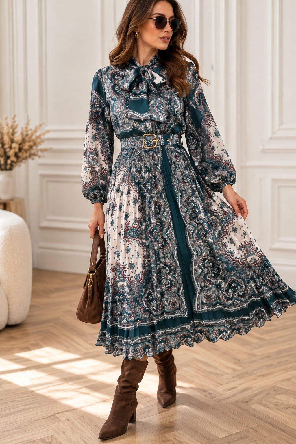 Elegancka Sukienka Maxi w Wzór Paisley z Wiązaniem pod Szyją