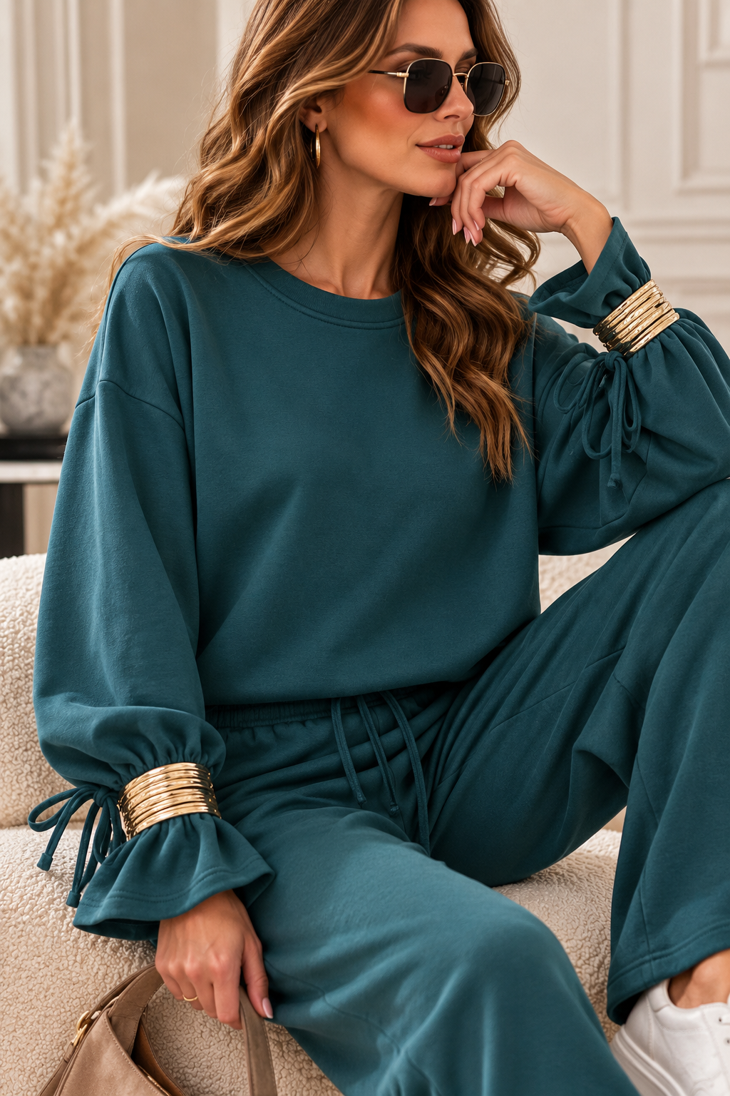 Elegancka Bluza Dresowa Oversize z Ozdobnymi Wiązaniami i bransoletką – Kolor Morski